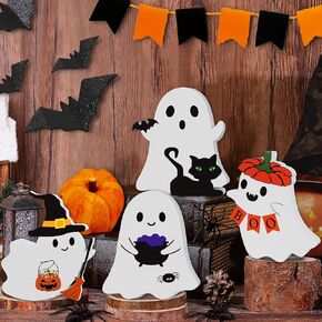 4PCS Halloween Ghost Wooden Signs, Cute Halloween Decorations Indoor, Halloween Tiered Tray Decor for Home Party Table Mantle Shelf