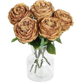 DuHouse 5Pcs Silk Roses Fake Champagne Roses with Stems Real Touch Rose Artificial Flowers for Arrangement Wedding Party Home Decoration