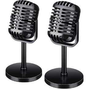 Chivao 2 Pack Retro Microphone Props Model Vintage Microphone Stage Table Decor Plastic Fake Microphone Antique Microphone Decor Stand Microphone Costume Prop for Party Toy (Silver, Classic)