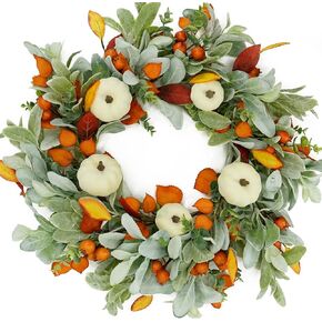 Artificial Fall Wreaths for Front Door Autumn Pumpkin Wreath with Pumpkin,Berry,Mixed Leaves for Farmhouse Indoor Outdoor Porch Window Wall Door Decoration