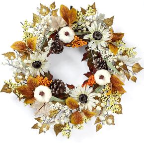 Sggvecsy Fall Wreath 20’’ Autumn Front Door Wreath Harvest Wreath with Pumpkins White Sunflowers Cluster of Berries Maple Leaves Pine Cones for Outside Indoor Wall Festival Thanksgiving Autumn Decor
