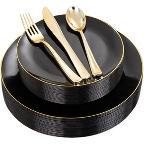 YOUBET 125PCS Blue Plastic Plates - Gold Plastic Silverware - Navy Disposable Plates With Gold Rim Include 25 Green Dinner Plates, 25 Dessert Plates, 75 Gold Cutlery for Party & Wedding