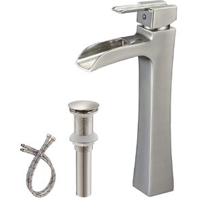 BWE Vessel Sink Faucet Black Modern with Pop Up Drain Assembly without Overflow and Supply Hose Lead-Free Single Handle Single Hole Waterfall Bathroom Faucet for Vessel Sink Lavatory Mixer Tap Matte
