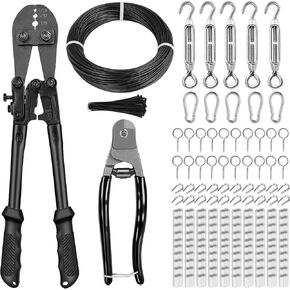 TooTaci Wire Rope Crimping Tool Kit, Include 200ft 1/16 Black Vinyl Coated Stainless Steel Cable, Crimping Tool and Wire Cutter, Wire Rope Kit for String Lights, Garden Wire, Clotheslines