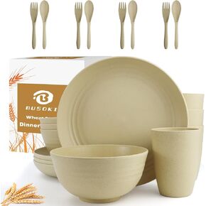 20 Pieces Wheat Straw Dinnerware Sets, Unbreakable Plates and Bowls Sets, Alternatives Reusable Plastic Dinnerware Sets, Outdoor Camping Dishes, Microwave Safe Dishes Set for 4 (Multicolor)