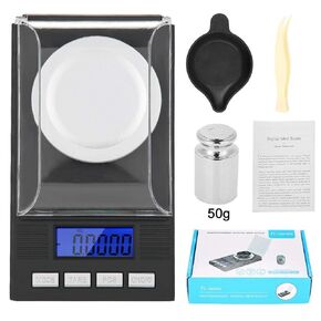 Digital Milligram Jewelry, LED Digital Display Mini Portable High Precision 0.001g Pocket Jewelry with Calibration Weights Tweezers and Weighing Pans (50g)