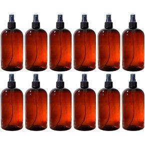 JUVITUS 16 oz Amber Boston Round PET Plastic Bottles with Black Fine Mist Sprayer (12 pack)