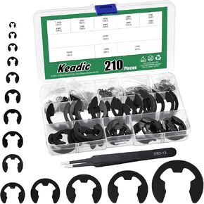 Keadic 211Pcs 14 Sizes E-Clip Assortment Set, M1.5/M2/M3/M4/M5/M6/M7/M8/M9/M10/M12/M15/M19/M22 Alloy Steel Circlip External Retaining Ring Kit