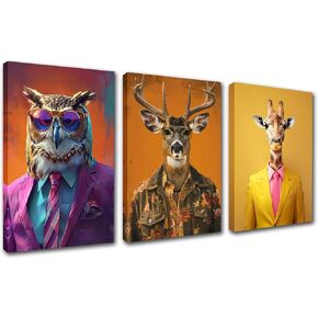 Handsome Antelope, Mole and Tiger Canvas Wall Art Unique Style 3 Pieces Canvas Printing Poster Home Decor for Living Room Framed Animal in a Suit Room Decoration Ready to Hang-42’’X20’’