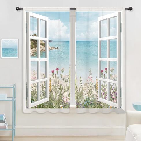 Riyidecor Ocean Beach Coastal Curtains Teal Blue Hawaiian Sea Floral Scenery Rustic Wildflower Plant Rod Pocket White Wooden Window Seascape Bedroom Living Room Treatment Fabric 2 Panels 52Wx84H Inch in Saudi Arabia
