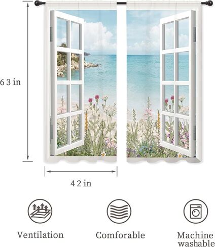 Riyidecor Ocean Beach Coastal Curtains Teal Blue Hawaiian Sea Floral Scenery Rustic Wildflower Plant Rod Pocket White Wooden Window Seascape Bedroom Living Room Treatment Fabric 2 Panels 52Wx84H Inch in Saudi Arabia