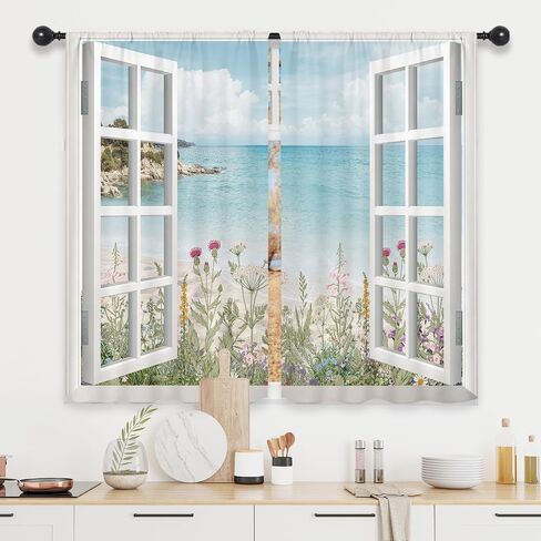 Riyidecor Ocean Beach Coastal Curtains Teal Blue Hawaiian Sea Floral Scenery Rustic Wildflower Plant Rod Pocket White Wooden Window Seascape Bedroom Living Room Treatment Fabric 2 Panels 52Wx84H Inch in Saudi Arabia