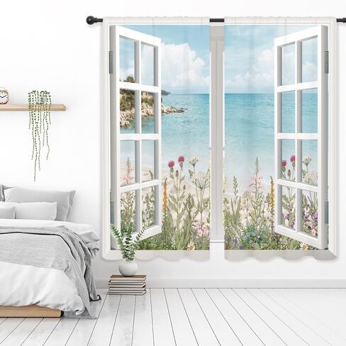 Riyidecor Ocean Beach Coastal Curtains Teal Blue Hawaiian Sea Floral Scenery Rustic Wildflower Plant Rod Pocket White Wooden Window Seascape Bedroom Living Room Treatment Fabric 2 Panels 52Wx84H Inch in Saudi Arabia
