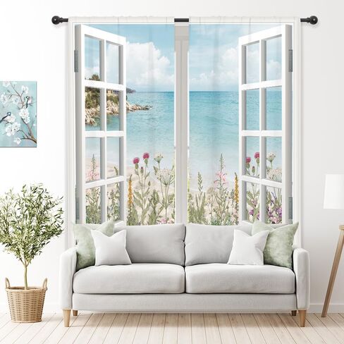 Riyidecor Ocean Beach Coastal Curtains Teal Blue Hawaiian Sea Floral Scenery Rustic Wildflower Plant Rod Pocket White Wooden Window Seascape Bedroom Living Room Treatment Fabric 2 Panels 52Wx84H Inch in Saudi Arabia