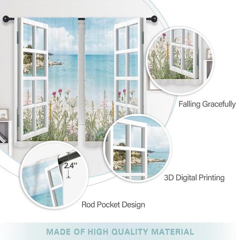 Riyidecor Ocean Beach Coastal Curtains Teal Blue Hawaiian Sea Floral Scenery Rustic Wildflower Plant Rod Pocket White Wooden Window Seascape Bedroom Living Room Treatment Fabric 2 Panels 52Wx84H Inch in Saudi Arabia