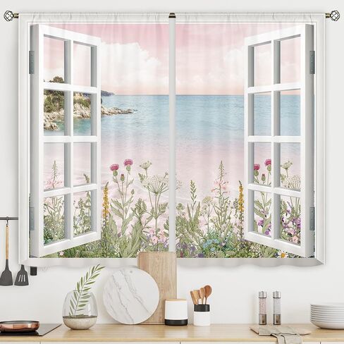 Riyidecor Ocean Beach Coastal Curtains Teal Blue Hawaiian Sea Floral Scenery Rustic Wildflower Plant Rod Pocket White Wooden Window Seascape Bedroom Living Room Treatment Fabric 2 Panels 52Wx84H Inch in Saudi Arabia