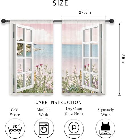 Riyidecor Ocean Beach Coastal Curtains Teal Blue Hawaiian Sea Floral Scenery Rustic Wildflower Plant Rod Pocket White Wooden Window Seascape Bedroom Living Room Treatment Fabric 2 Panels 52Wx84H Inch in Saudi Arabia