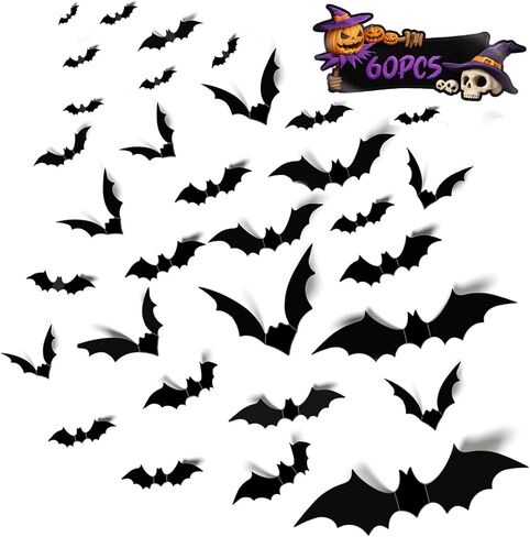 ديكورات الهالوين ملصقات الخفافيش الداخلية ديكور 60 قطعة ملصقات حائط خفاش ثلاثية الأبعاد واقعية مخيفة لتزيين حفلات الهالوين ديكور منزلي للهالوين in Kuwait