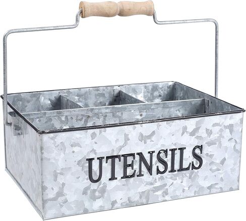 علبة مزرعة ريفية مجلفنة متعددة الأغراض من Light & Pro - علبة تخزين معدنية مكونة من 4 أقسام مع مقبض خشبي مثالية لأدوات المطبخ والنزهة ومزارع الحديقة - مطروقة - رمادي عتيق in Kuwait