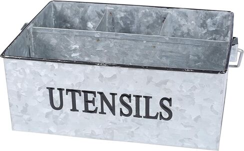 علبة مزرعة ريفية مجلفنة متعددة الأغراض من Light & Pro - علبة تخزين معدنية مكونة من 4 أقسام مع مقبض خشبي مثالية لأدوات المطبخ والنزهة ومزارع الحديقة - مطروقة - رمادي عتيق in Kuwait