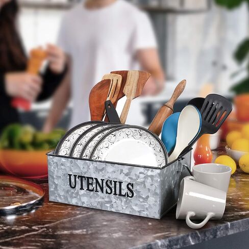 علبة مزرعة ريفية مجلفنة متعددة الأغراض من Light & Pro - علبة تخزين معدنية مكونة من 4 أقسام مع مقبض خشبي مثالية لأدوات المطبخ والنزهة ومزارع الحديقة - مطروقة - رمادي عتيق in Kuwait