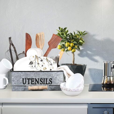 علبة مزرعة ريفية مجلفنة متعددة الأغراض من Light & Pro - علبة تخزين معدنية مكونة من 4 أقسام مع مقبض خشبي مثالية لأدوات المطبخ والنزهة ومزارع الحديقة - مطروقة - رمادي عتيق in Kuwait