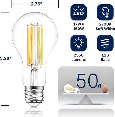 FLSNT 200W Equivalent A23 LED Light Bulbs, Efficient 17W, 3010Lumens, 5000K Daylight, CRI82, E26 Medium Base, Clear Glass, 4 Pack, Non-Dimmable in Saudi Arabia
