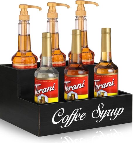 Countertop Coffee Station Organizer Coffee Bar Accessories, 2 Tier Coffee Syrup Organizer Rack, Wood Coffee Condiment Organizer 6 Syrup Bottles Dispenser Holder, Farmhouse Cup Holder for Coffee Lover in Saudi Arabia