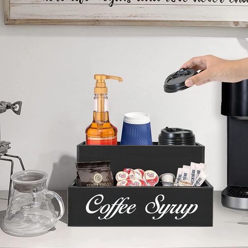 Countertop Coffee Station Organizer Coffee Bar Accessories, 2 Tier Coffee Syrup Organizer Rack, Wood Coffee Condiment Organizer 6 Syrup Bottles Dispenser Holder, Farmhouse Cup Holder for Coffee Lover in Saudi Arabia