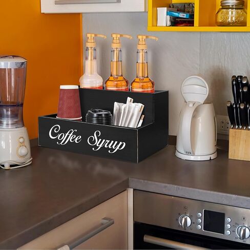 Countertop Coffee Station Organizer Coffee Bar Accessories, 2 Tier Coffee Syrup Organizer Rack, Wood Coffee Condiment Organizer 6 Syrup Bottles Dispenser Holder, Farmhouse Cup Holder for Coffee Lover in Saudi Arabia