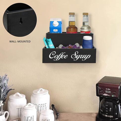 Countertop Coffee Station Organizer Coffee Bar Accessories, 2 Tier Coffee Syrup Organizer Rack, Wood Coffee Condiment Organizer 6 Syrup Bottles Dispenser Holder, Farmhouse Cup Holder for Coffee Lover in Saudi Arabia