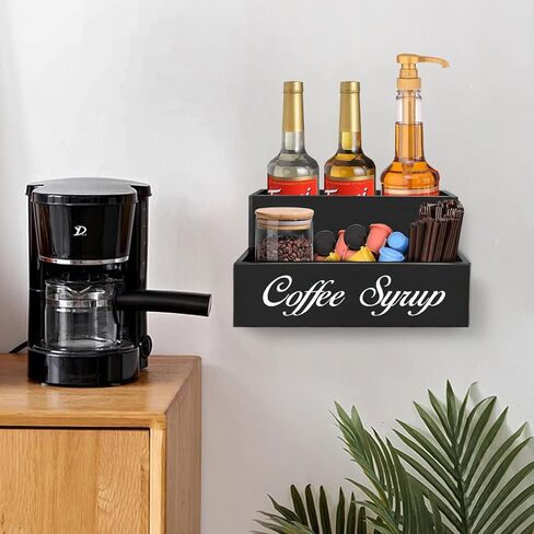 Countertop Coffee Station Organizer Coffee Bar Accessories, 2 Tier Coffee Syrup Organizer Rack, Wood Coffee Condiment Organizer 6 Syrup Bottles Dispenser Holder, Farmhouse Cup Holder for Coffee Lover in Saudi Arabia
