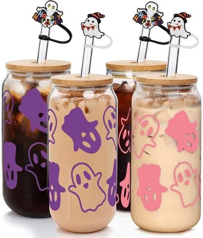 ANOTION Halloween Mugs - 18 oz Halloween Ghost Decor Ghost Mug Halloween Decorations Glass Cups Tumbler Iced Coffee Cups Glassware Cookie Jar Decor Gift Drinking Water Bottles in Kuwait