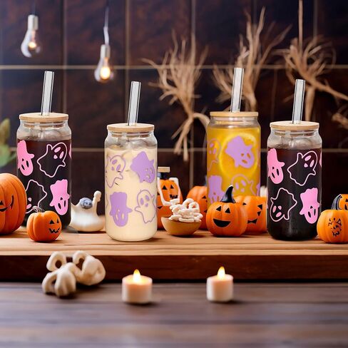 ANOTION Halloween Mugs - 18 oz Halloween Ghost Decor Ghost Mug Halloween Decorations Glass Cups Tumbler Iced Coffee Cups Glassware Cookie Jar Decor Gift Drinking Water Bottles in Kuwait