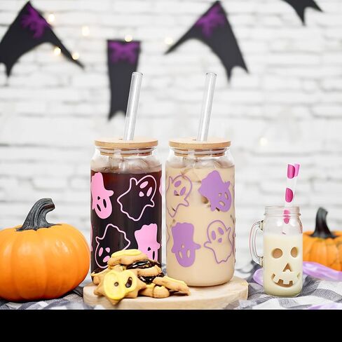 ANOTION Halloween Mugs - 18 oz Halloween Ghost Decor Ghost Mug Halloween Decorations Glass Cups Tumbler Iced Coffee Cups Glassware Cookie Jar Decor Gift Drinking Water Bottles in Kuwait