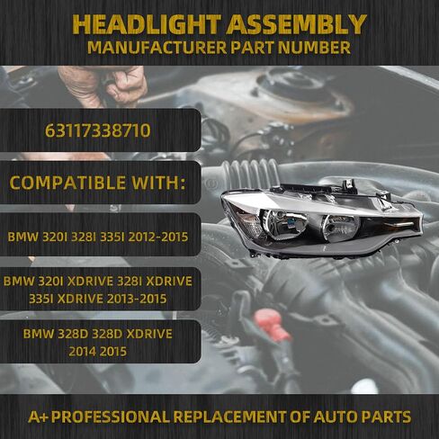 Dasbecan Halogen Headlight Compatible With 2012-2015 BMW 320i 328i 335i 328i xDrive & 328d 328d xDrive Left Driver Side Lens and Housing Trim Headlamp Assembly Replaces# 63117338709 BM2502169 in Saudi Arabia