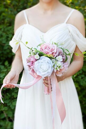 Wedding Bouquets for Bride Bridesmaids, 7 Inch Artificial Rose Flower Bridal Bouquets for Wedding, Prom, Ceremony, Homecoming, Anniversary Decor in Saudi Arabia