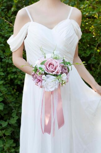 Wedding Bouquets for Bride Bridesmaids, 7 Inch Artificial Rose Flower Bridal Bouquets for Wedding, Prom, Ceremony, Homecoming, Anniversary Decor in Saudi Arabia