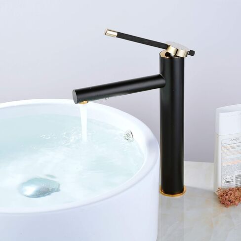 صنبور حوض الحمام بمقبض واحد من Leekayer، لمسة نهائية مزدوجة، طلاء أسود مطلي بالكروم الذهبي، فتحة واحدة، خلاط حوض مرحاض، صنبور طويل مع تصريف منبثق (بدون تدفق) حديث in Kuwait