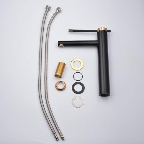 صنبور حوض الحمام بمقبض واحد من Leekayer، لمسة نهائية مزدوجة، طلاء أسود مطلي بالكروم الذهبي، فتحة واحدة، خلاط حوض مرحاض، صنبور طويل مع تصريف منبثق (بدون تدفق) حديث in Kuwait