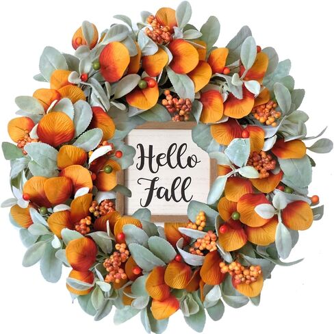 Artificial Fall Wreath for Front Door, Autumn Door Wreath with Lambs Ears Leave Eucalyptus Leaves Berry,Fall Wreath for Indoor Outdoor Farmhouse Home Wall Window Festival Wedding Decor … in Saudi Arabia