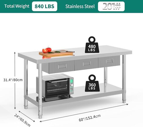 YITAHOME 60" X 24" Stainless Steel Table with 3 Drawers, NSF Work Table with Drawer, Metal Table Prep Table for Home Kitchen Restaurant Garage Warehouse in Saudi Arabia