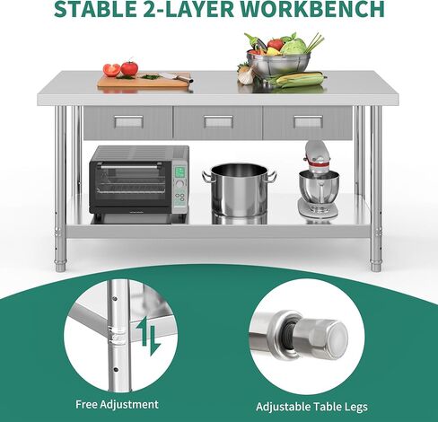 YITAHOME 60" X 24" Stainless Steel Table with 3 Drawers, NSF Work Table with Drawer, Metal Table Prep Table for Home Kitchen Restaurant Garage Warehouse in Saudi Arabia