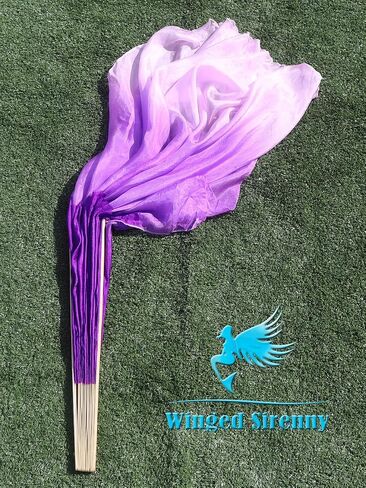 Winged Sirenny Large Single Belly Dance Silk Flutter, 45in Wide Short Silk Fan Veil Right Hand(purple gradation) in Saudi Arabia
