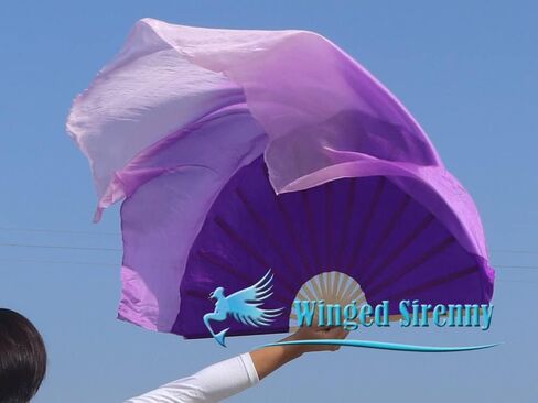 Winged Sirenny Large Single Belly Dance Silk Flutter, 45in Wide Short Silk Fan Veil Right Hand(purple gradation) in Saudi Arabia