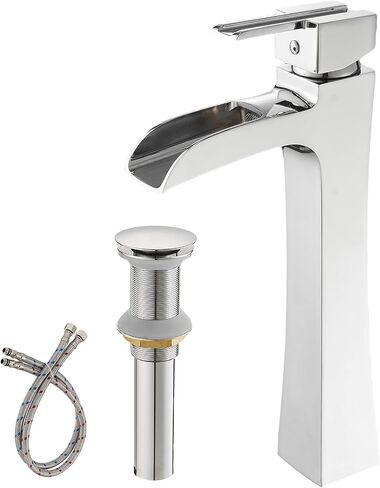 BWE Vessel Sink Faucet Black Modern with Pop Up Drain Assembly without Overflow and Supply Hose Lead-Free Single Handle Single Hole Waterfall Bathroom Faucet for Vessel Sink Lavatory Mixer Tap Matte in Saudi Arabia
