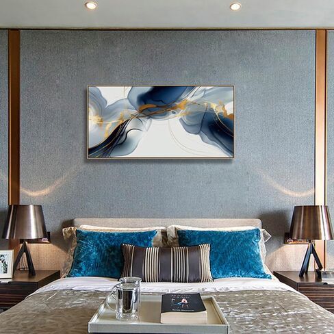 HUADAOART Wall Art Abstract Painting Modern Art Gold and Blue Background Canvas Prints Pictures for Living Room Bedroom Artwork Home Decor Framed 20x40inch (Blue) in Saudi Arabia