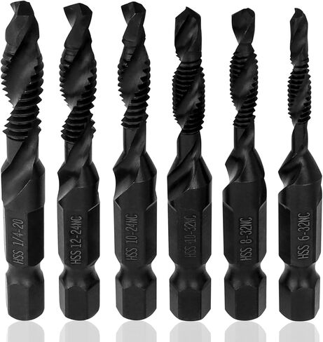 ياكاموز 6 قطع SAE رؤوس مثقاب الصنبور (6-32NC إلى 1/4-20NC)، تغيير سريع 1/4 بوصة مجموعة مثقاب سداسية ومجموعة لقم الصنبور أداة خيط لولبية للخشب المعدني والبلاستيك in Kuwait