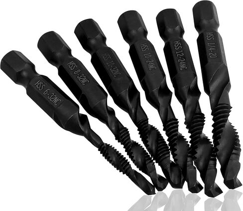 ياكاموز 6 قطع SAE رؤوس مثقاب الصنبور (6-32NC إلى 1/4-20NC)، تغيير سريع 1/4 بوصة مجموعة مثقاب سداسية ومجموعة لقم الصنبور أداة خيط لولبية للخشب المعدني والبلاستيك in Kuwait