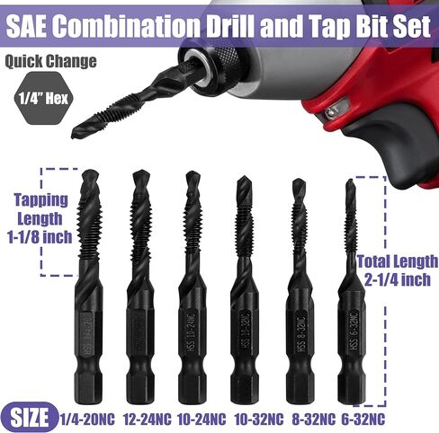 ياكاموز 6 قطع SAE رؤوس مثقاب الصنبور (6-32NC إلى 1/4-20NC)، تغيير سريع 1/4 بوصة مجموعة مثقاب سداسية ومجموعة لقم الصنبور أداة خيط لولبية للخشب المعدني والبلاستيك in Kuwait